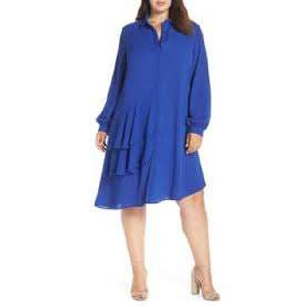 Lost Ink Shirt Dress Women 3X Royal Blue Ruffle Asymmetric Hem Contemporary Bold